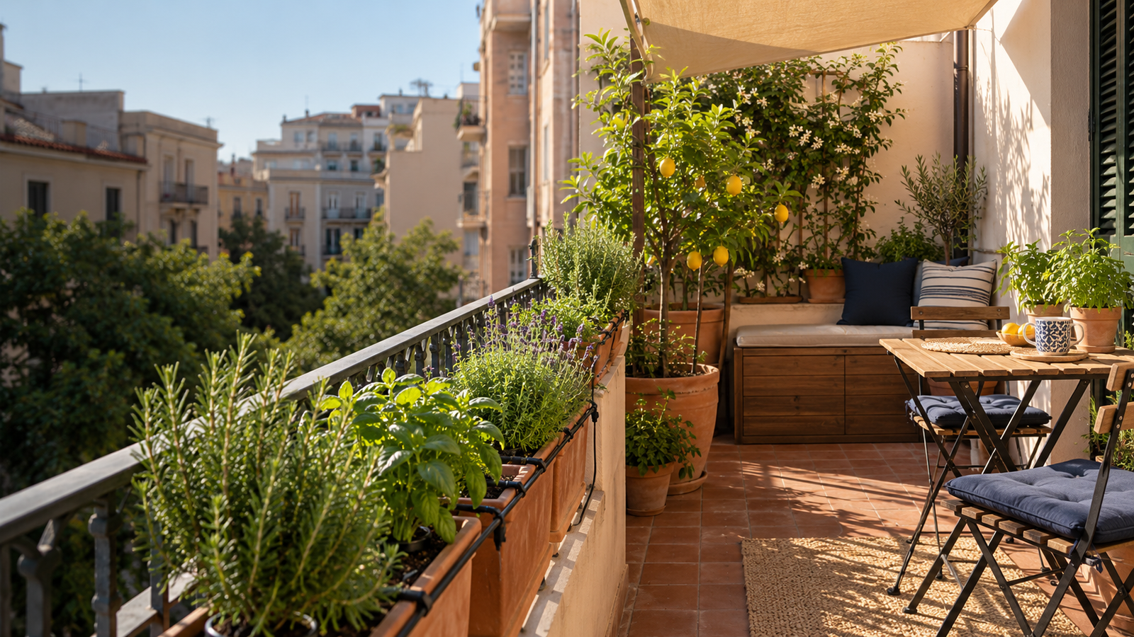 Terraza urbana con macetas y un sistema de riego por goteo